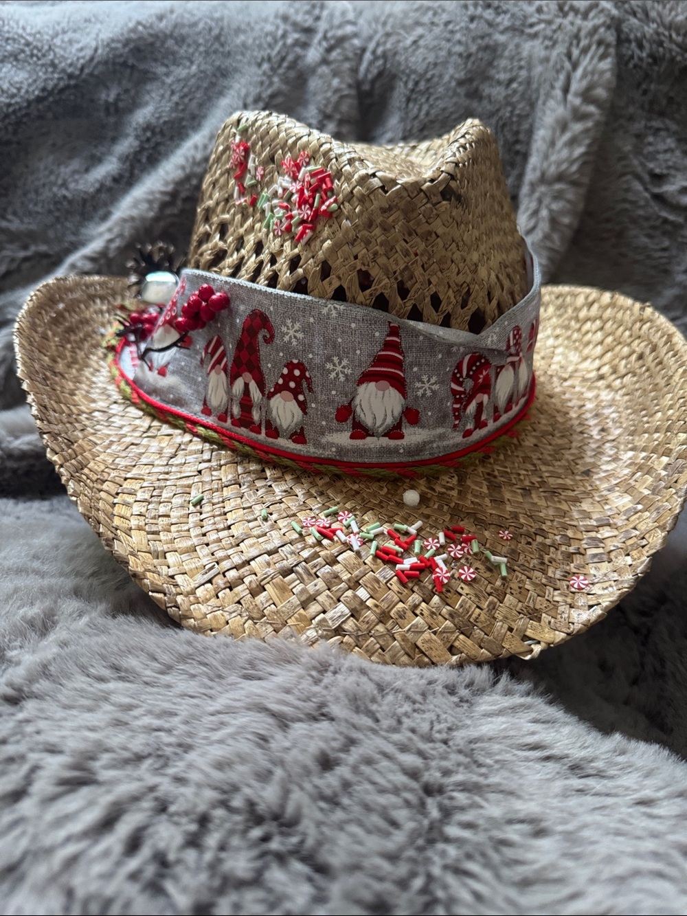 Straw Cowboy Hat with Red Gnome Band great for the holidays